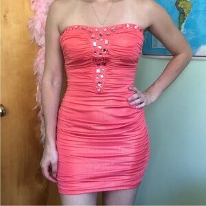 Strapless Coral Mini Dress with Embellishments